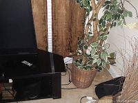 Artificial tree about 7 feet tall with variegated green and white leaves in woven basket next to TV stand and window with brown curtains.