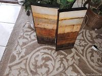 Two fall-themed rectangular pictures with horizontal abstract design in warm tones on patterned rug beside plant.