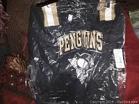 Photo showing one of the Penguins juniors team shirts black with beige and white striping on sleeves, Penguins logo at front, sealed in plastic packaging.