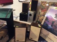 Photo of all four speakers on floor and shelf with surrounding items showing the lot contents and their relative sizes and finishes.