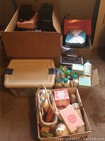 General overview of boxes, bins and assorted beauty products
