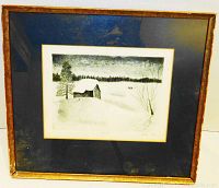 Front view of the framed art showing a snowy landscape with barn and trees, matted in dark blue and behind glass in a rustic wooden frame.
