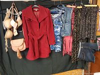 Photo showing assortment of women's clothing including bras, purse, Kenneth Cole coat, printed tops, skirts, and denim shorts