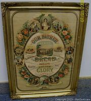 Framed lithograph print of 1880 'Our Father' prayer with surrounding Ten Commandments illustrations and floral border.