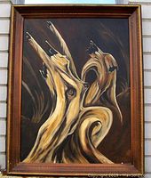 Frontal image of the oil painting in wooden frame depicting abstract nude figural spirit tree in earthy tones.