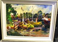 Full view of the framed oil painting showing vibrant port scene with boats and water reflections.