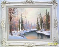 Full view of oil painting in ornate white frame