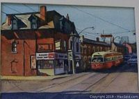 Close view of painting showing brick storefront and streetcar