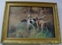 Full front view of the antique oil painting showing hunting dogs and ornate gilt frame.