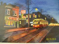 Close-up of painted scene showing streetcar, storefronts and signage under a dusk sky