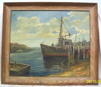 Full view of the framed oil painting showing harbor scene with fishing boat, dock and signature.