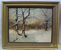 Front view of framed oil painting showing a snowy winter landscape with leafless trees and shadows on the snow.