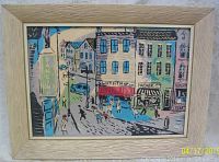 Framed serigraph showing full artwork with mid-century city scene and original textured wood frame.