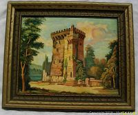 Front view of the framed oil painting showing the gothic castle tower and surrounding landscape.