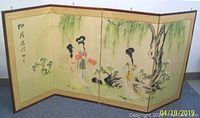Front view of two-panel folding screen displaying hand painted image of elegant Chinese ladies in garden setting with willow tree and rocks.