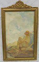 Framed Maxfield Parrish Hilltop print showing full front with gilt gesso frame and decorative top crest.