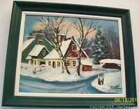Front view of winter chalet oil painting within original green wood frame showing snow-covered chalet and trees.