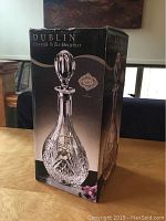 Box showing the crystal wine decanter image and Dublin branding