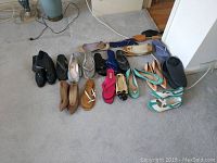Two photos showing a collection of 17 assorted women's shoes in various colors and styles, sizes 9 to 10, brands including Marc Jacobs and Tommy Hilfiger. Shoes show wear.