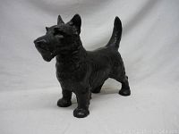 Front three-quarter view of black painted cast iron Scottie dog door stop on white background.