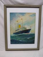 Full frontal view of the framed oil painting showing the Royal Yacht Brittania sailing in the ocean with flags and a cloudy sky.