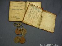 Two pairs of WWII dog tags with cords alongside two Canadian Army Soldier's Service Books, showing covers and some interior pages.