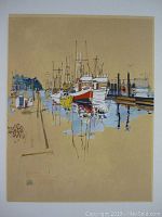 Full view of the watercolour painting depicting fishing boats at Coal Harbour, Vancouver, showing intricate brushwork and color use.