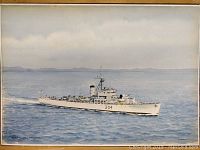 Full view of the watercolour painting showing the H.M.C.S. New Waterford ship in calm sea with distant horizon under cloudy sky.