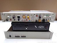 Front view of three vintage amplifier and test equipment units stacked: Grass Precision DC Bridge Amplifier, black VT unit, and Sony device.