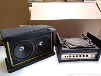 Two-piece vintage PA system with amplifier and separate speaker, showing front and top views