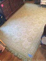 Full photo of pale green patterned area rug on hardwood floor, showing overall size and fringe at one end.