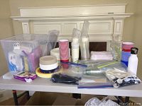 Disposable paper plates, cups in various colors, white plastic utensils, and other disposable party supplies arranged on a table with a clear plastic bin on the side.