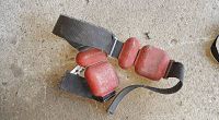 Photo showing scuba weight belt with six red lead weights attached on black adjustable strap.