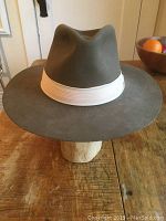 Gray felt safari hat from front, wide brim visible, off-white pleated band and small gazelle pin on side