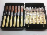 Open set showing 6 knives with cream-colored French Ivory handles on left and 6 forks with matching handles on right in original box