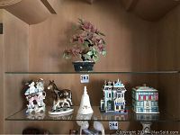 Photo of all six items arranged on two glass shelves inside a wooden cabinet showing their relative size and placement.