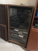 Wood and glass cabinet with media components inside behind glass door.