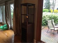 Tall dark stained wood wine cabinet positioned near glass doors and windows showing full height and side profile.