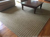 Overview of the tan Berber style area rug laid out on the hardwood floor with a coffee table on top, showing overall condition and size.