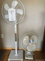 Photo showing two white oscillating fans, taller Accutek stand fan approx 52" tall and smaller Cool-Breeze tabletop fan approx 25" tall