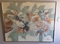 Full view of the large floral painting by Lee Reynolds with silver frame.