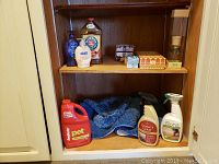 Photo showing multiple cleaning bottles on two wooden shelves including Rug Doctor pet cleaner, small soaps, and two blue bathroom carpet sets.