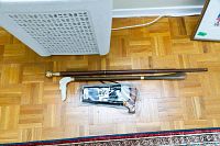 Photo showing all three items: aluminum travel cane in case, wooden cane with brass knob, and dog's head shoe horn, laid out on wooden floor.