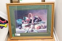 Full view of framed and mounted still life print showing basket with fruits and vegetables.
