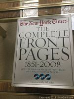 Cover box showing title The New York Times The Complete Front Pages 1851-2008 with 3 DVD-ROMs containing all 54,267 front pages plus links to articles, introduction by Bill Keller.