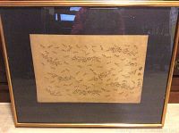 Full view of framed Japanese Katagami stencil artwork showing cut-out design and signature.