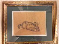 Overall view of framed drawing under glass with foam core mat and gilt wood frame