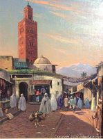 Full view of oil painting showing Moroccan market scene with figures and architecture in gilt frame