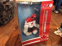 Front view of the boxed Roberto Luongo hockey figure showing figure in goalie pose and packaging details.