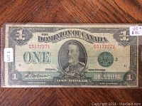 Front view of the 1923 Canadian one dollar bill showing King George V portrait, serial number, and denomination.